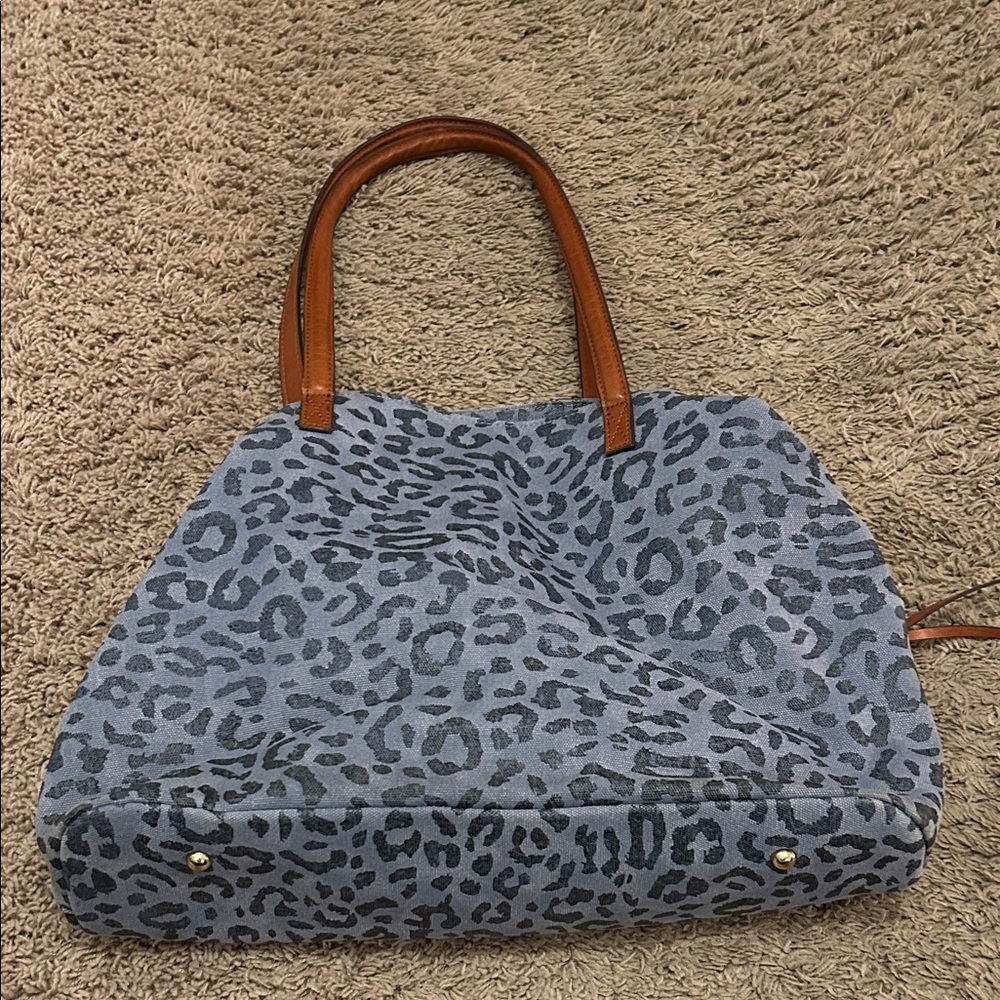 Sole Society Blue Leopard Tote with Brown Handles